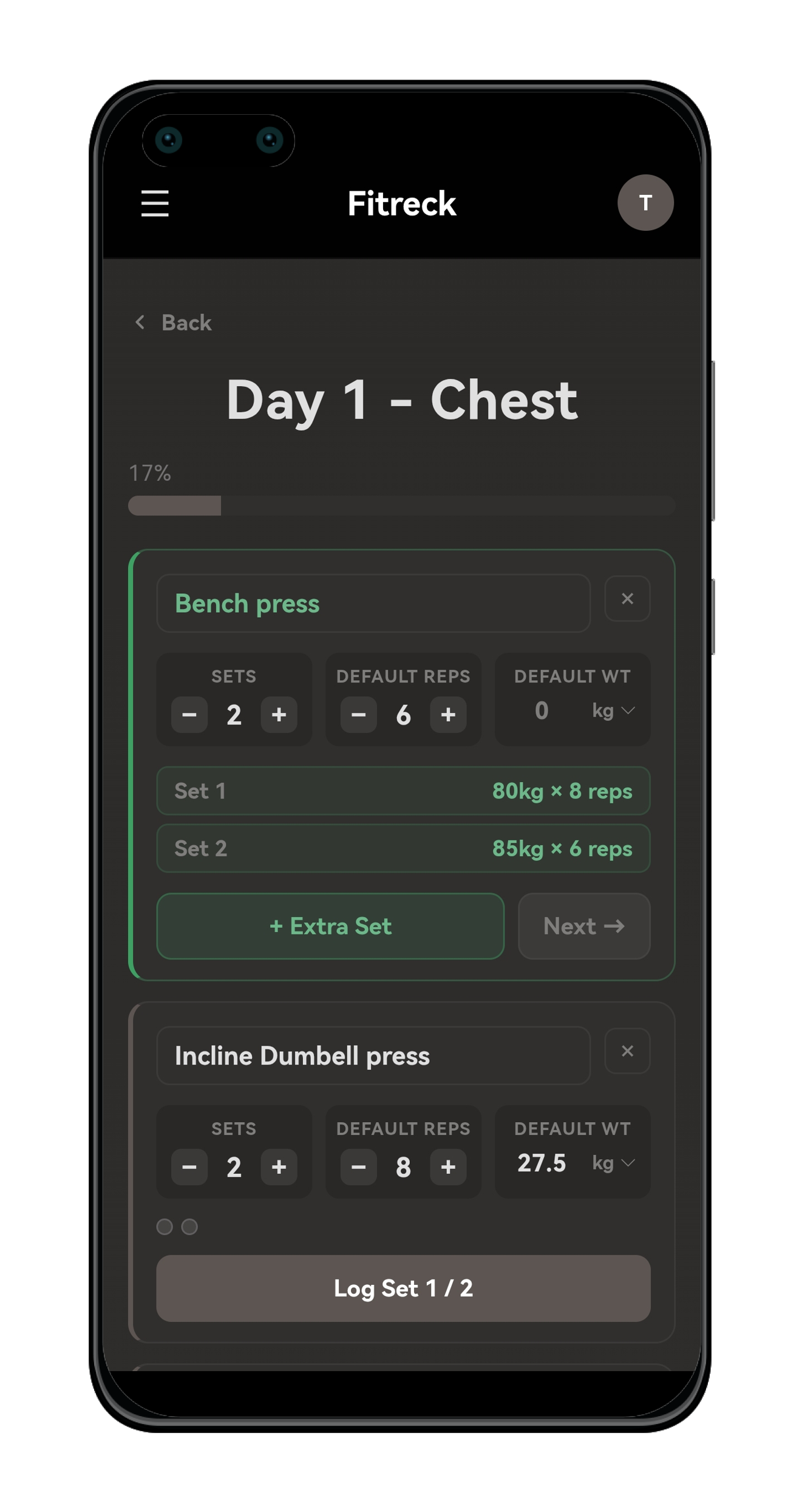 Fitreck workout tracker showing exercise cards with per-set logging, weight tracking, and progress indicators